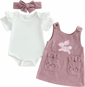 Infant Baby Girl Easter Outfit Short Sleeve Romper Bunny Suspender Skirt Headband Newborn Overall Dress Clothes Set