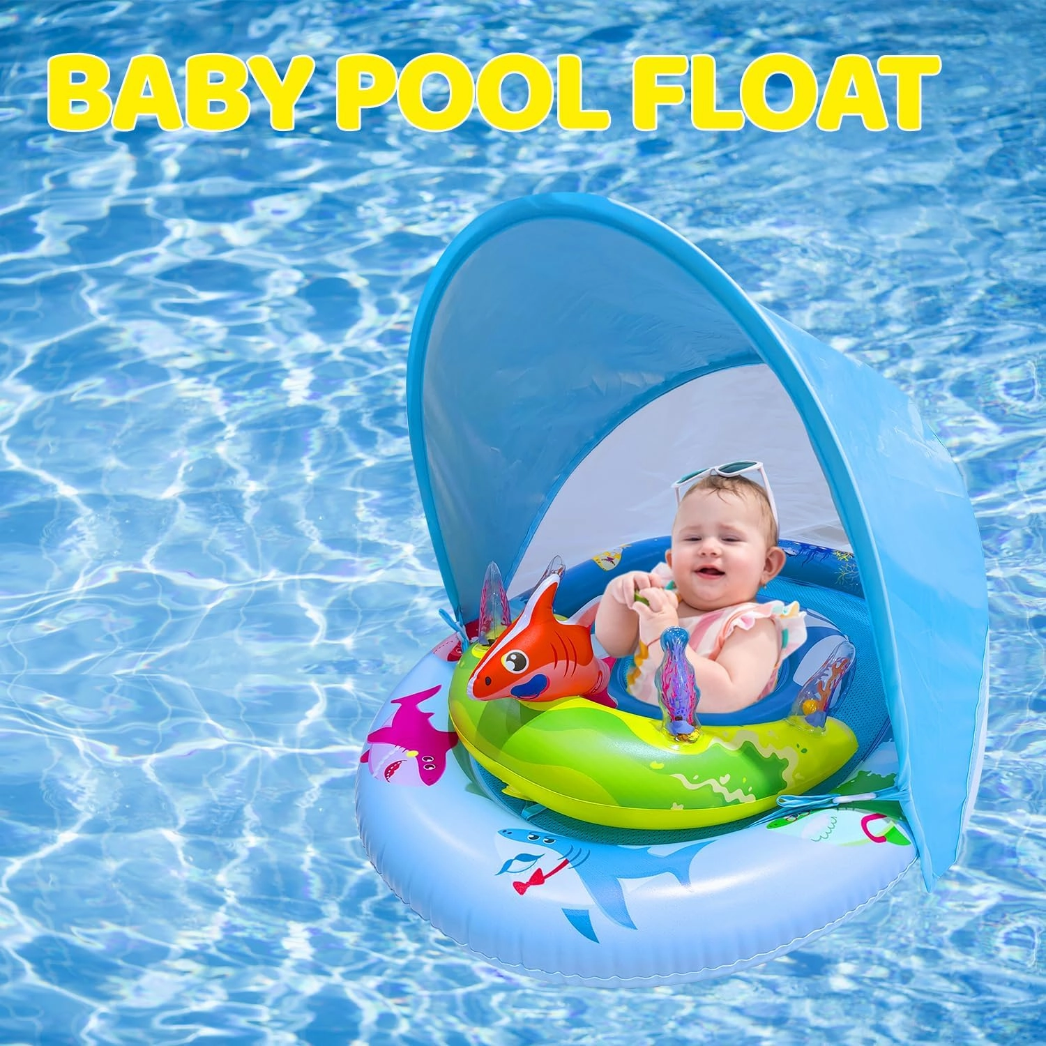 Inflatable Baby Pool Float with UPF50  Sun Protection Canopy, Adjustable Safety Seat & Interactive Toy Play Console - Includes Ocean Animal Toys for Infants & Toddlers 3-36 Months