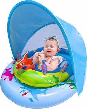 Inflatable Baby Pool Float with UPF50  Sun Protection Canopy, Adjustable Safety Seat & Interactive Toy Play Console - Includes Ocean Animal Toys for Infants & Toddlers 3-36 Months