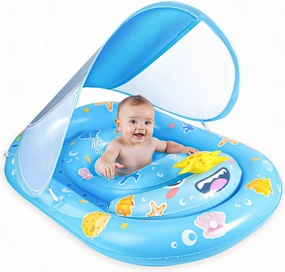 Inflatable Children's Pool Float with UPF50  Sunscreen, Baby Pool Float with Canopy Infant Swim Circle for 6-36 Months, Baby Swimming Float with Adjustable Safety Seat for Boys and Girls