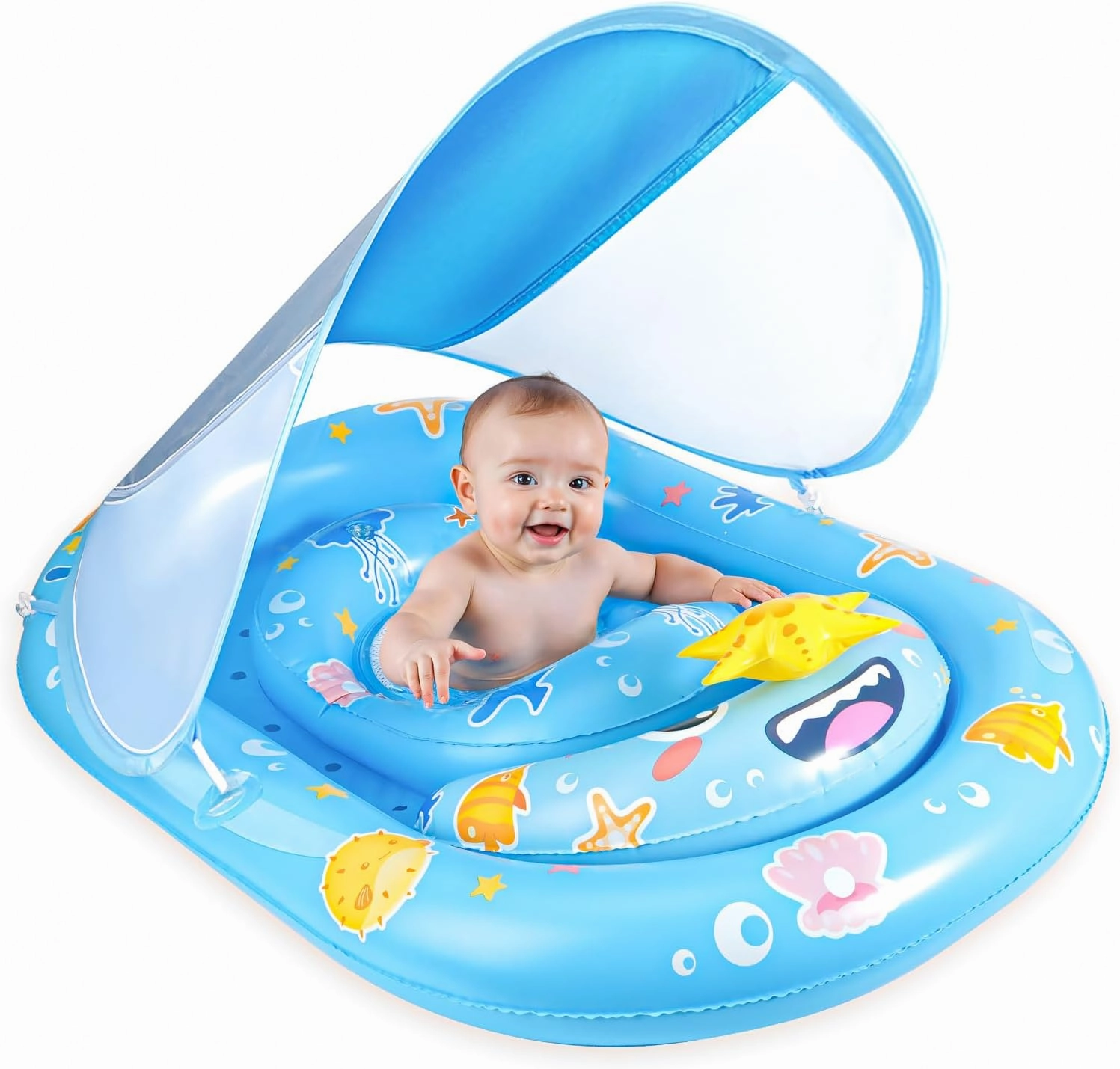 Inflatable Children's Pool Float with UPF50  Sunscreen, Baby Pool Float with Canopy Infant Swim Circle for 6-36 Months, Baby Swimming Float with Adjustable Safety Seat for Boys and Girls