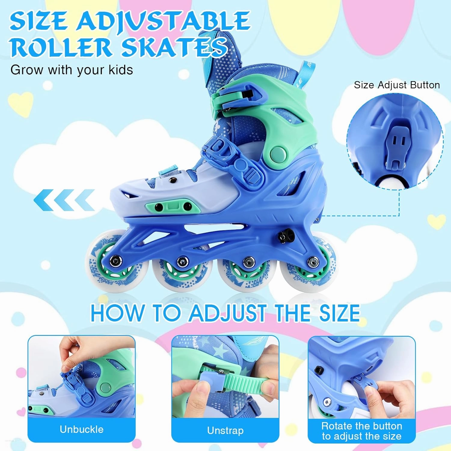 Inline Skates with Hockey Sticks and Balls Set, Size Adjustable Inline Skates for Kids, Teens