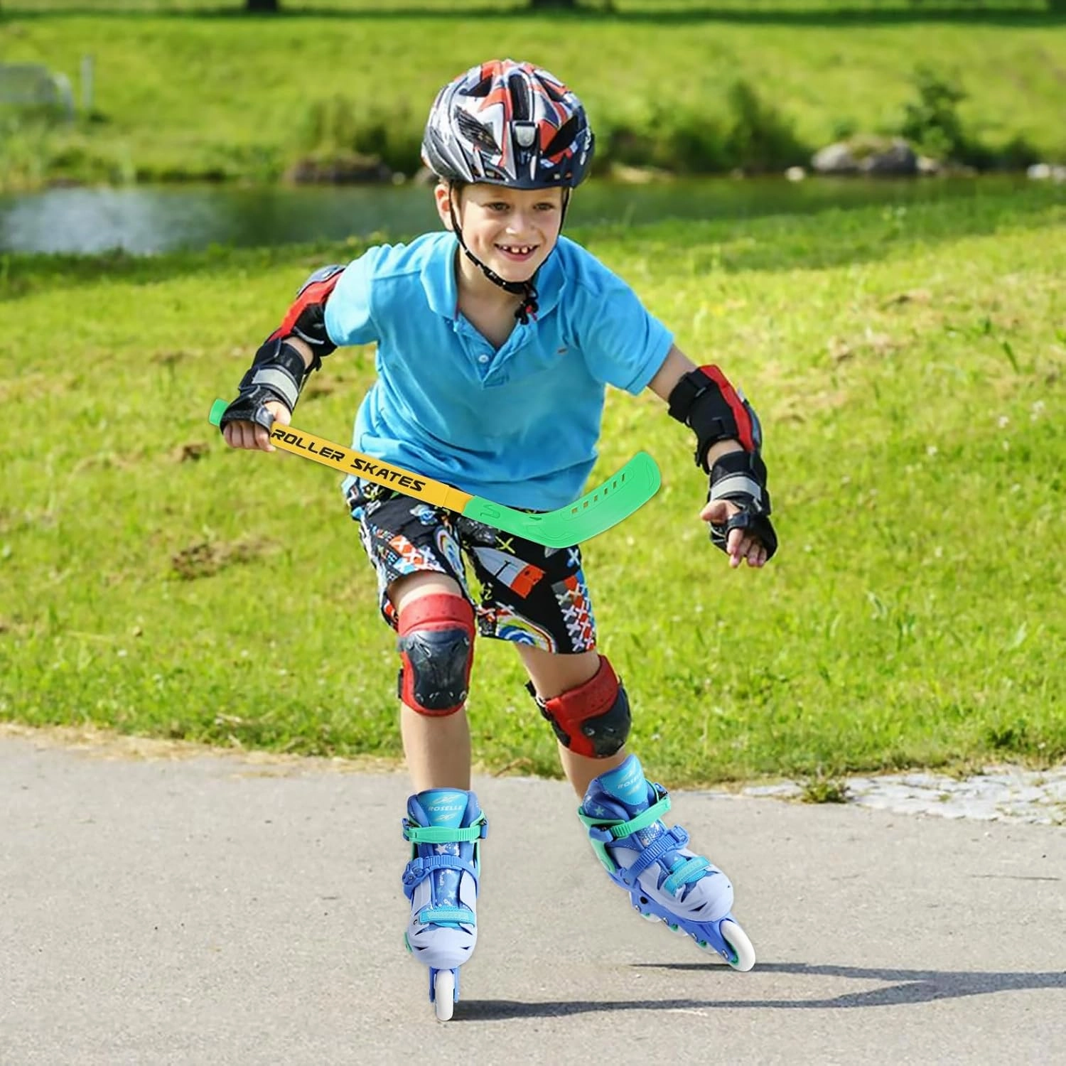Inline Skates with Hockey Sticks and Balls Set, Size Adjustable Inline Skates for Kids, Teens