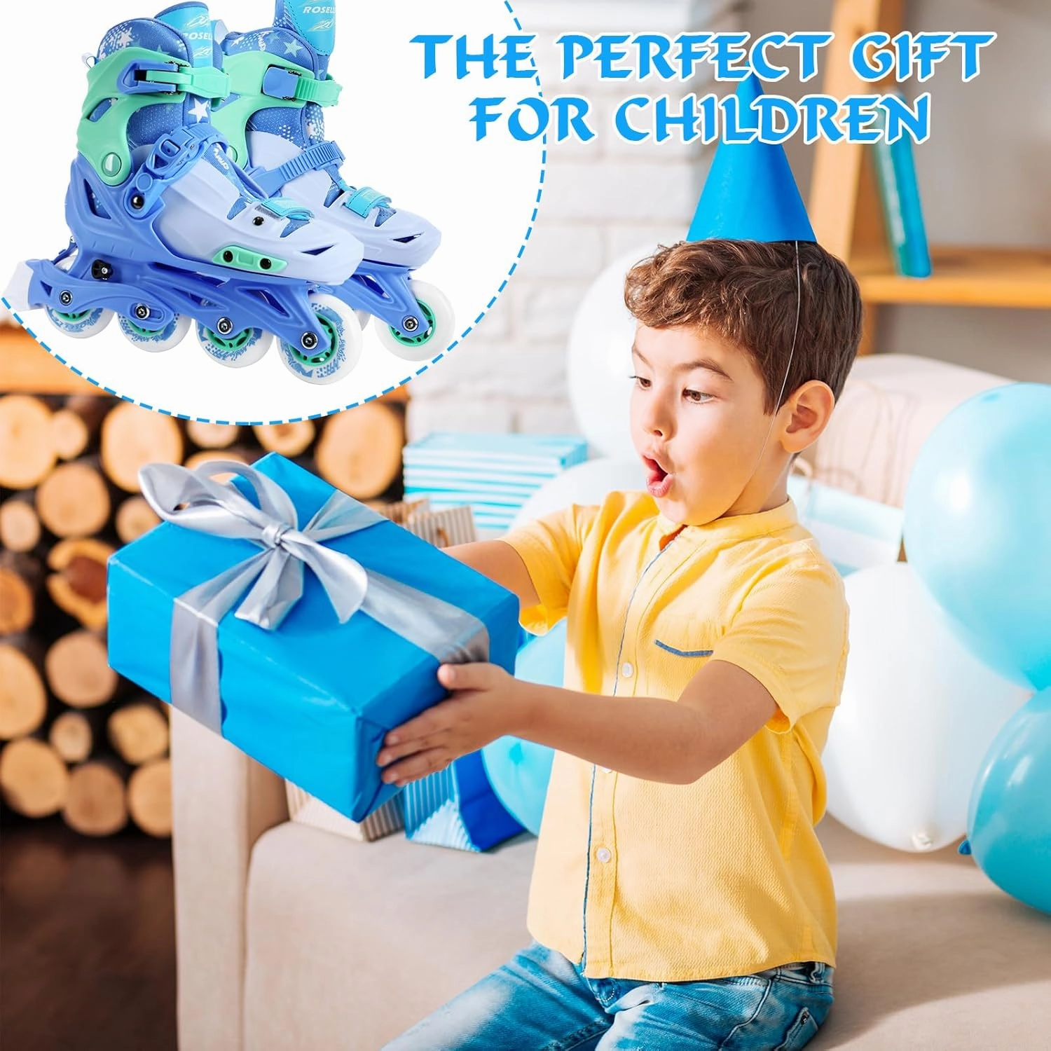 Inline Skates with Hockey Sticks and Balls Set, Size Adjustable Inline Skates for Kids, Teens