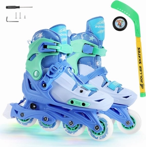 Inline Skates with Hockey Sticks and Balls Set, Size Adjustable Inline Skates for Kids, Teens