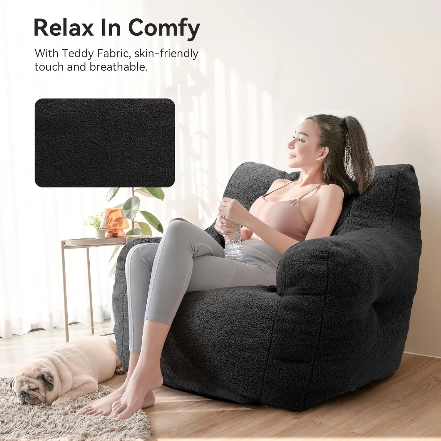 INMOZATA Bean Bag Chair for Adult, 3FT Pre-Filled Soft Teddy Fluffy Lazy Sofa Floor Chair Beanbag for Living Room Playroom Dorm Apartment (Black)