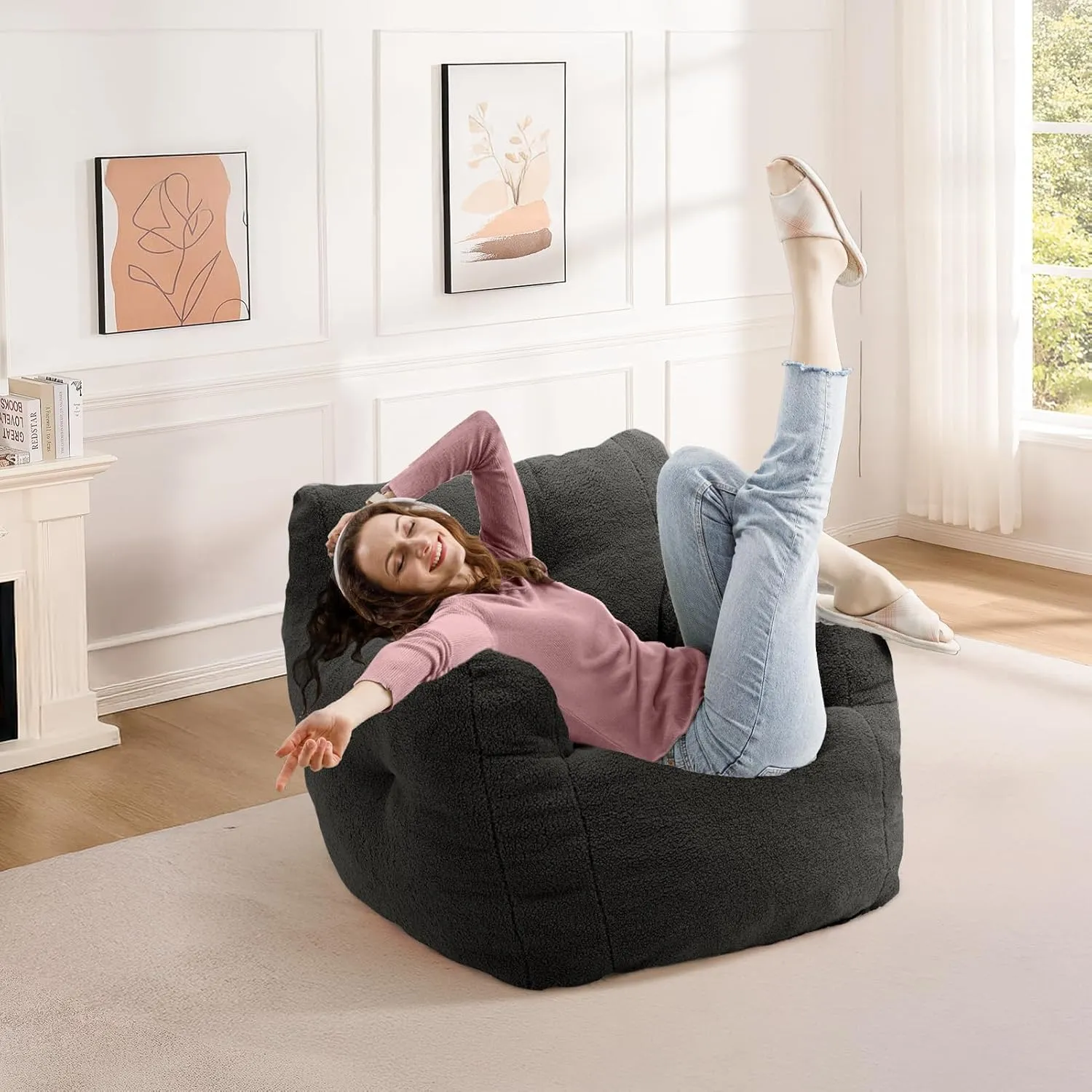 INMOZATA Bean Bag Chair for Adult, 3FT Pre-Filled Soft Teddy Fluffy Lazy Sofa Floor Chair Beanbag for Living Room Playroom Dorm Apartment (Black)