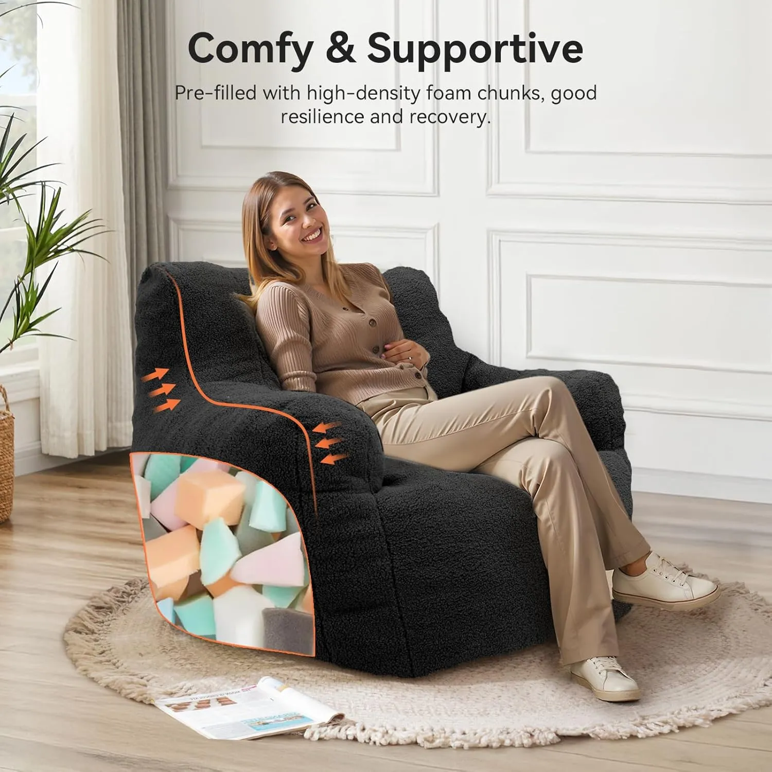 INMOZATA Bean Bag Chair for Adult, 3FT Pre-Filled Soft Teddy Fluffy Lazy Sofa Floor Chair Beanbag for Living Room Playroom Dorm Apartment (Black)