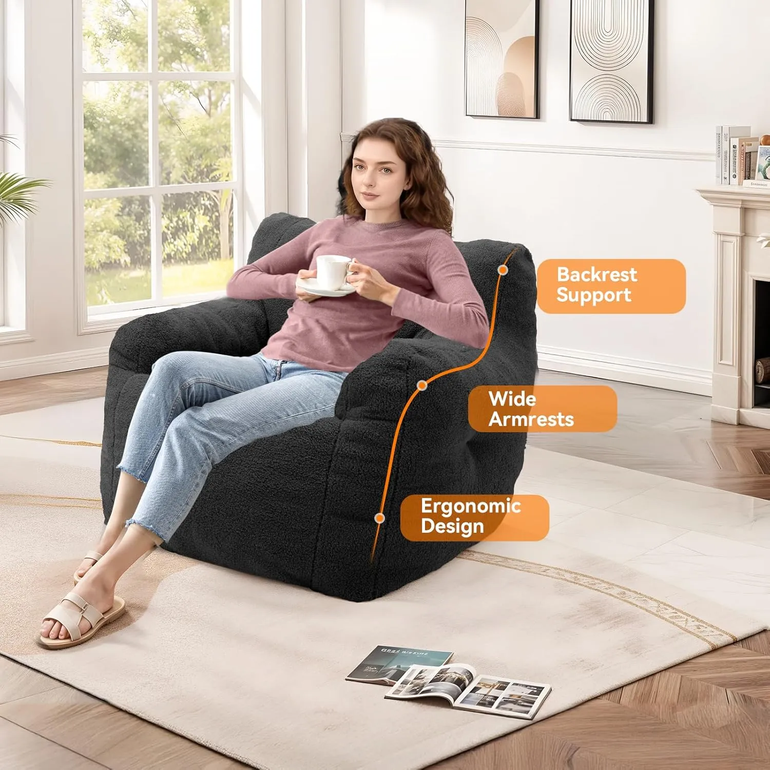 INMOZATA Bean Bag Chair for Adult, 3FT Pre-Filled Soft Teddy Fluffy Lazy Sofa Floor Chair Beanbag for Living Room Playroom Dorm Apartment (Black)