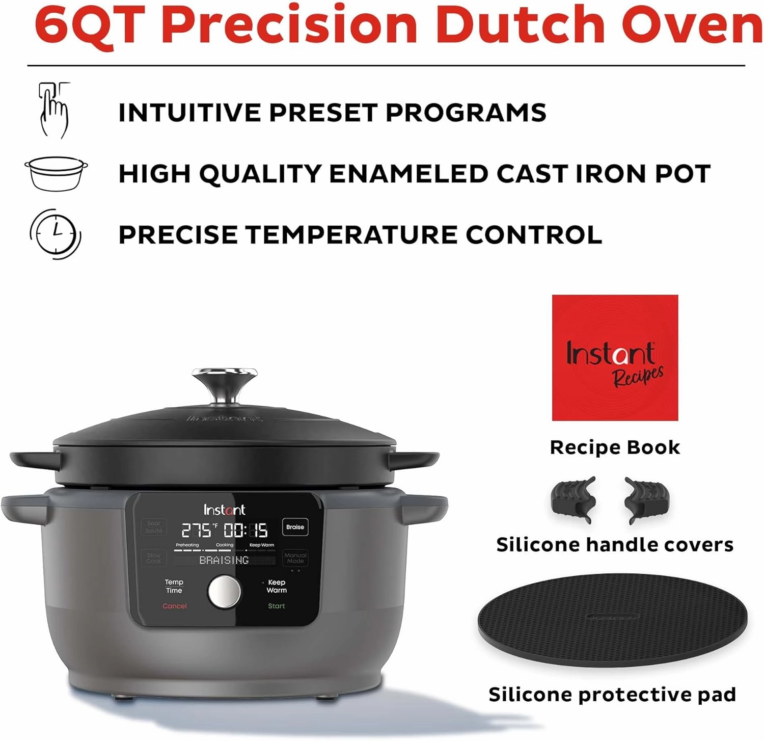 Instant Electric Round Dutch Oven, 6-Quart 1500W, From the Makers of Instant Pot, 5-in-1: Braise, Slow Cook, Sear/Sauté, Cooking Pan, Food Warmer, Enameled Cast Iron, Included Recipe Book, Black