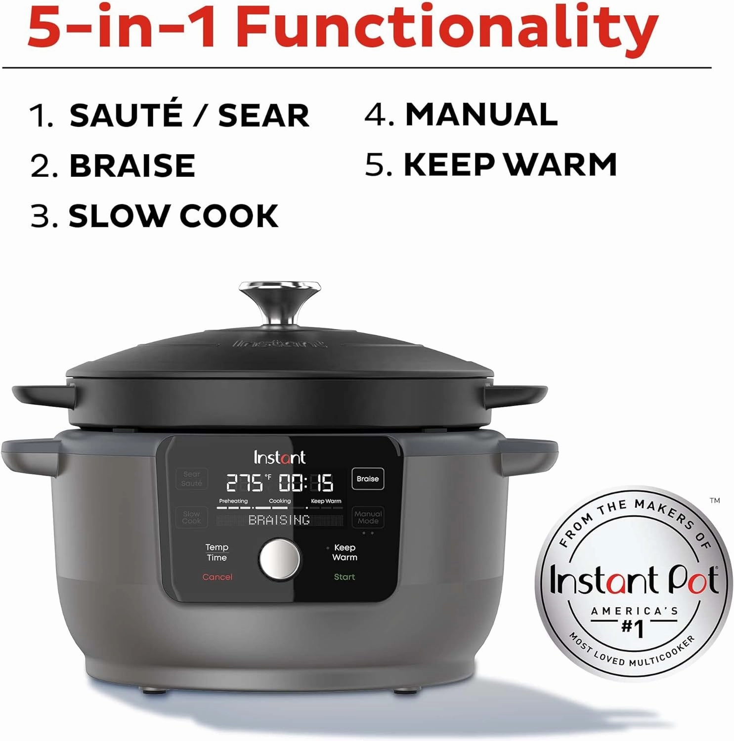 Instant Electric Round Dutch Oven, 6-Quart 1500W, From the Makers of Instant Pot, 5-in-1: Braise, Slow Cook, Sear/Sauté, Cooking Pan, Food Warmer, Enameled Cast Iron, Included Recipe Book, Black