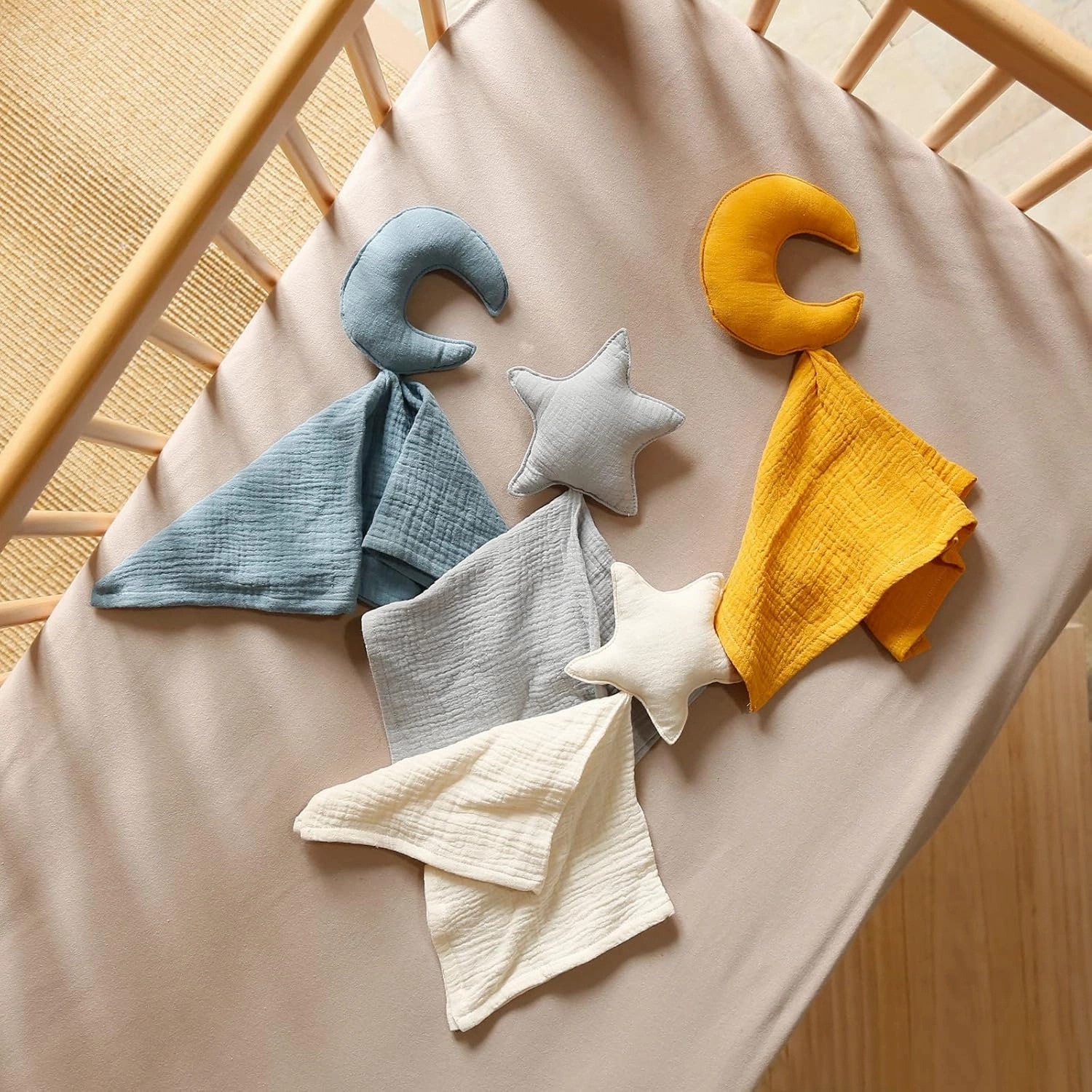 insular Baby Lovey Blanket for Boys and Girls, Organic Cotton Muslin Security Blanket for Babies, Soft Breathable Lovie Soothing Towel for Newborn and Infant, Star&Moon (Beige)