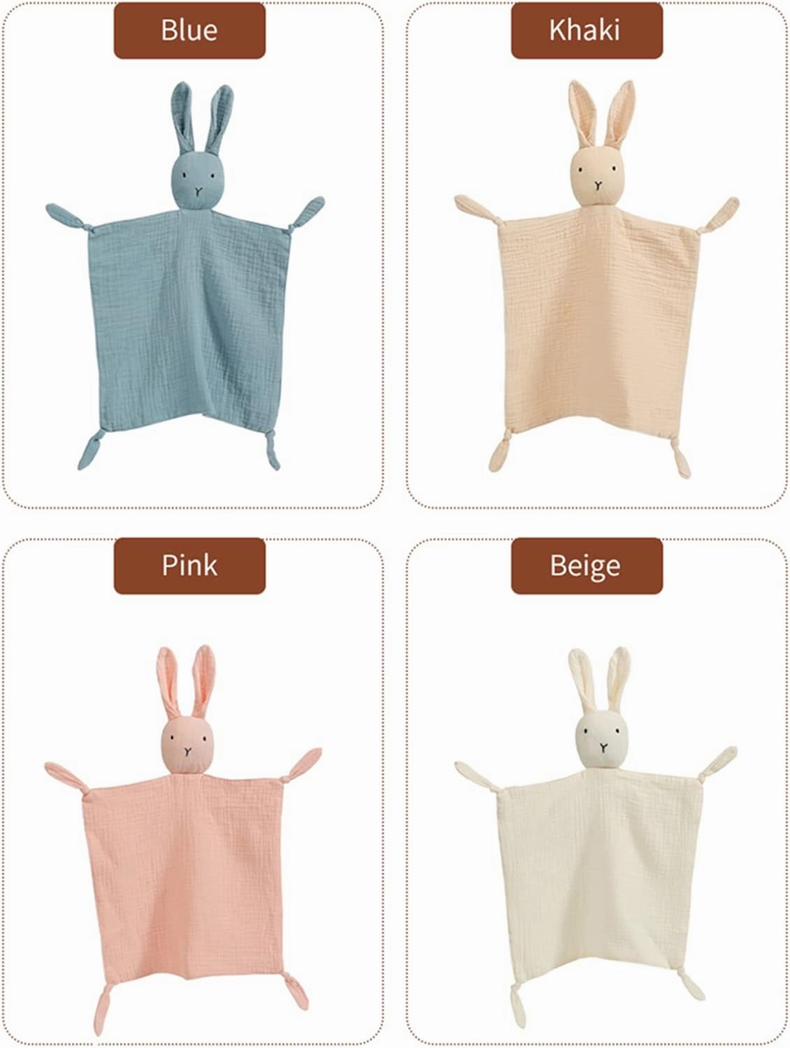insular Bunny Lovey Blanket for Boys and Girls, Organic Cotton Muslin Security Blanket for Babies, Soft Breathable Lovie Soothing Towel for Newborn and Infant, 2 Pcs Set (Beige&Khaki)