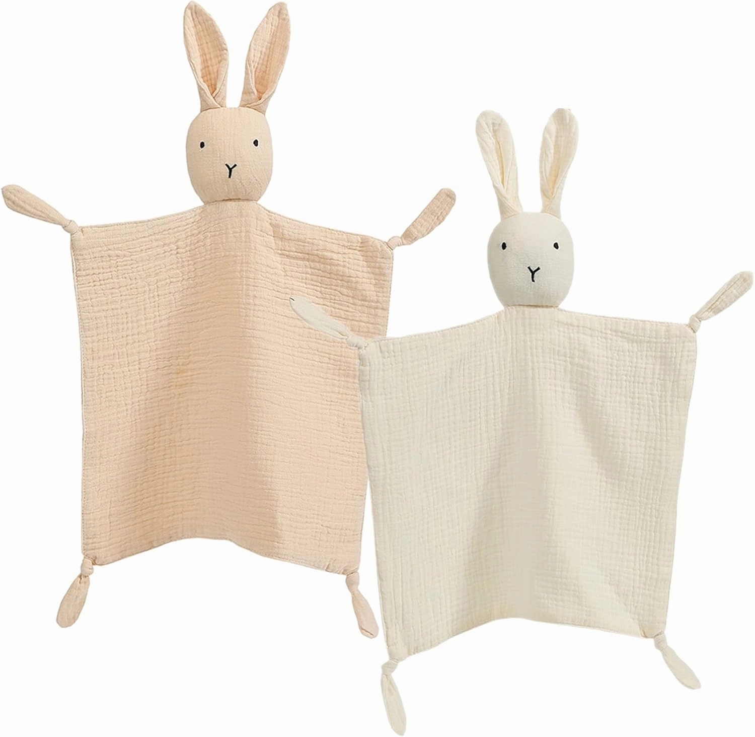 insular Bunny Lovey Blanket for Boys and Girls, Organic Cotton Muslin Security Blanket for Babies, Soft Breathable Lovie Soothing Towel for Newborn and Infant, 2 Pcs Set (Beige&Khaki)