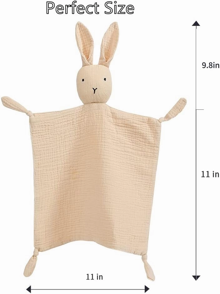insular Bunny Lovey Blanket for Boys and Girls, Organic Cotton Muslin Security Blanket for Babies, Soft Breathable Lovie Soothing Towel for Newborn and Infant, 2 Pcs Set (Beige&Khaki)