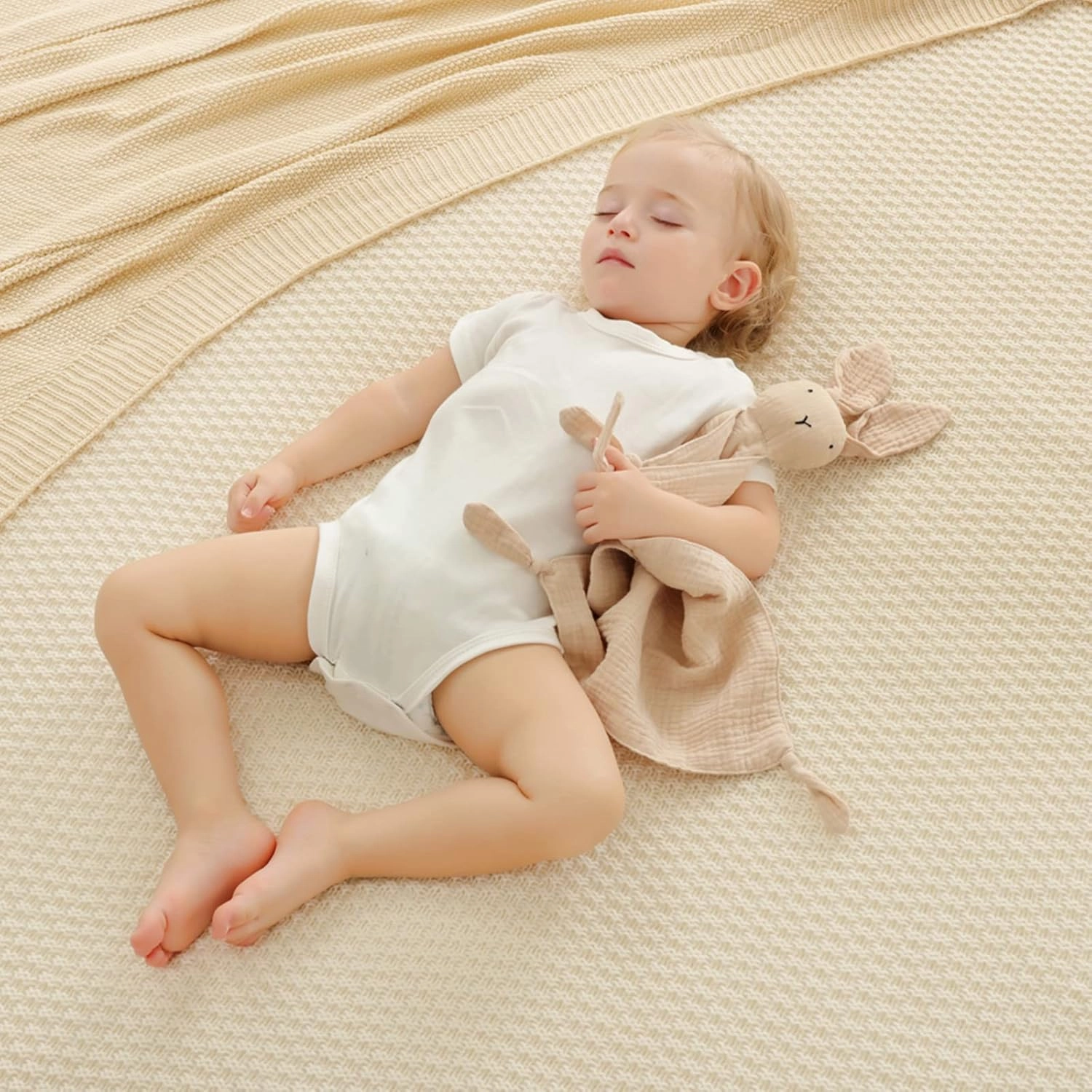 insular Bunny Lovey Blanket for Boys and Girls, Organic Cotton Muslin Security Blanket for Babies, Soft Breathable Lovie Soothing Towel for Newborn and Infant, 2 Pcs Set (Beige&Khaki)