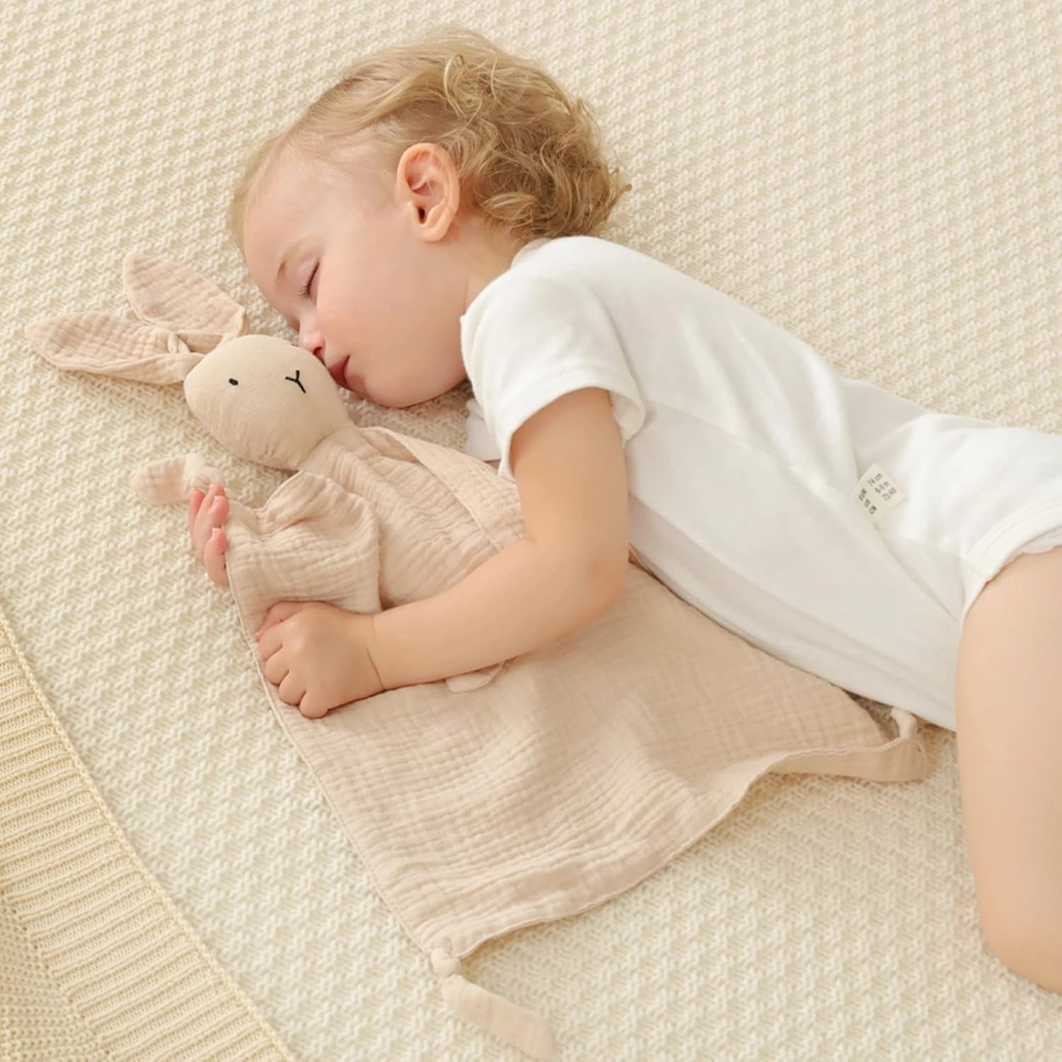 insular Bunny Lovey Blanket for Boys and Girls, Organic Cotton Muslin Security Blanket for Babies, Soft Breathable Lovie Soothing Towel for Newborn and Infant, 2 Pcs Set (Beige&Khaki)