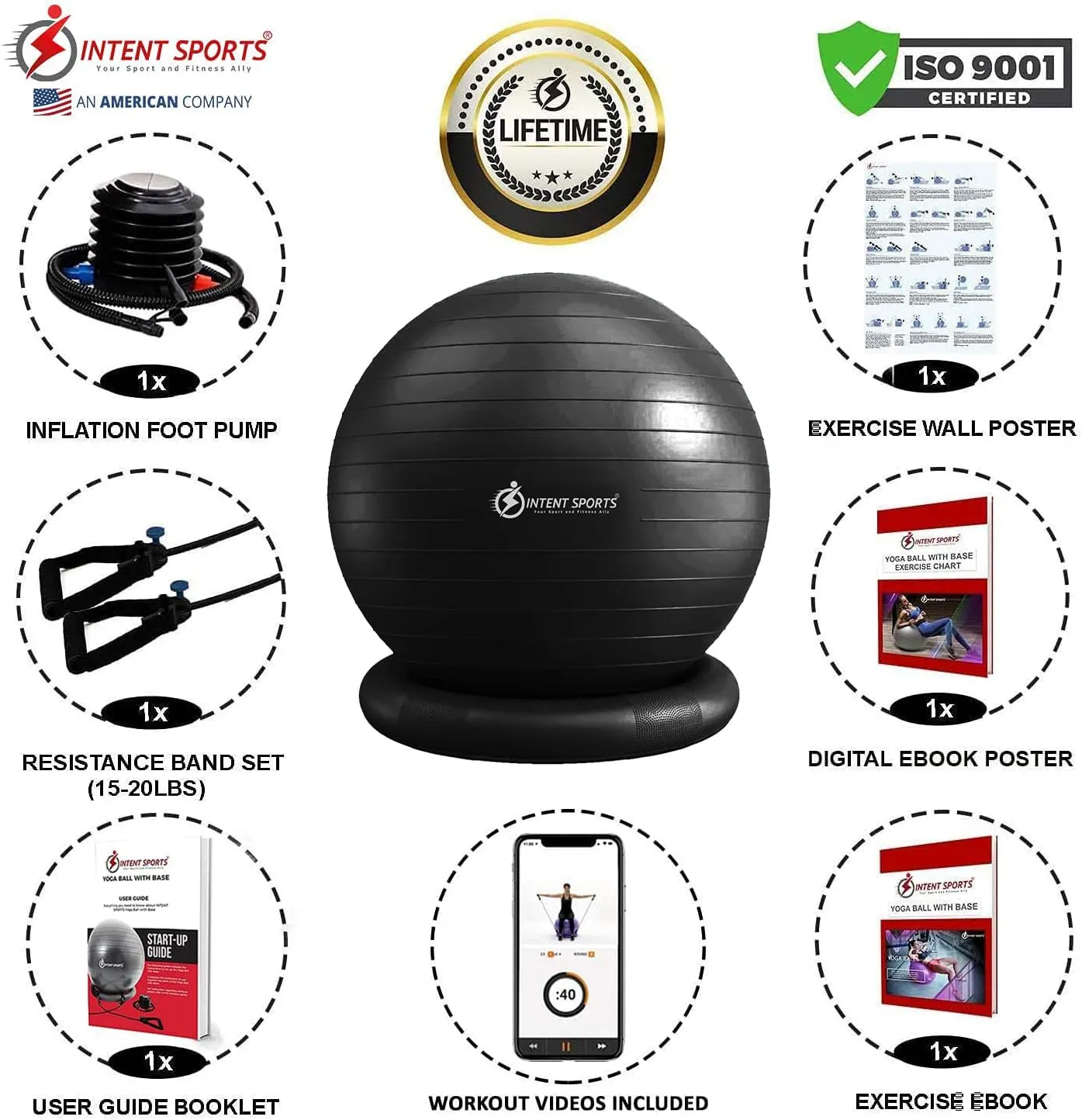 INTENT SPORTS Yoga Ball Chair – Stability Ball with Inflatable Stability Base & Resistance Bands, Fitness Ball for Home Gym, Office, Improves Back Pain, Core, Posture & Balance (65 Cm)