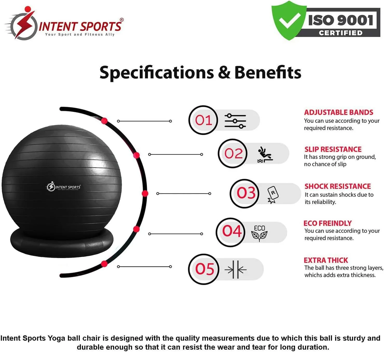 INTENT SPORTS Yoga Ball Chair – Stability Ball with Inflatable Stability Base & Resistance Bands, Fitness Ball for Home Gym, Office, Improves Back Pain, Core, Posture & Balance (65 Cm)