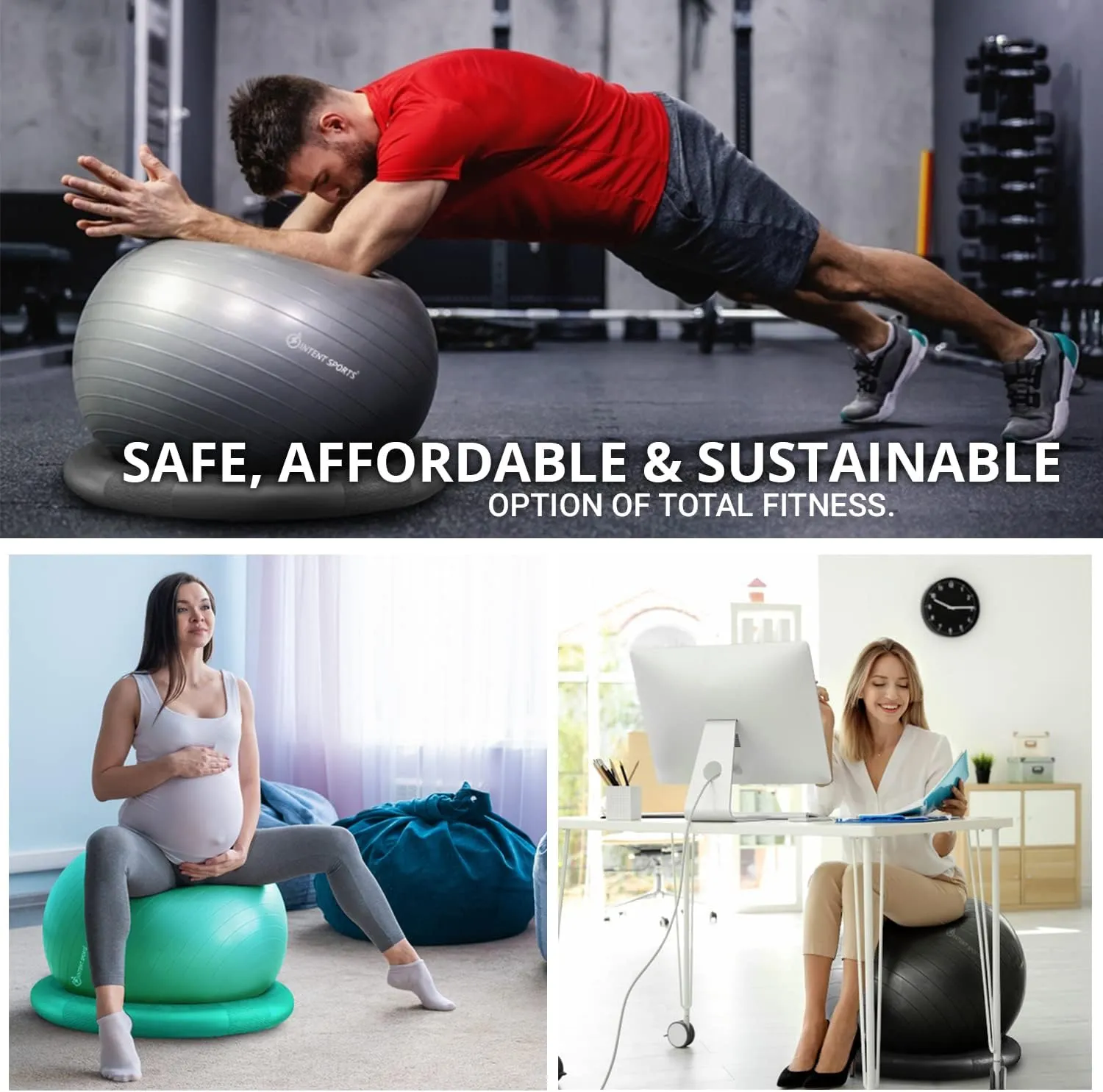 INTENT SPORTS Yoga Ball Chair – Stability Ball with Inflatable Stability Base & Resistance Bands, Fitness Ball for Home Gym, Office, Improves Back Pain, Core, Posture & Balance (65 Cm)