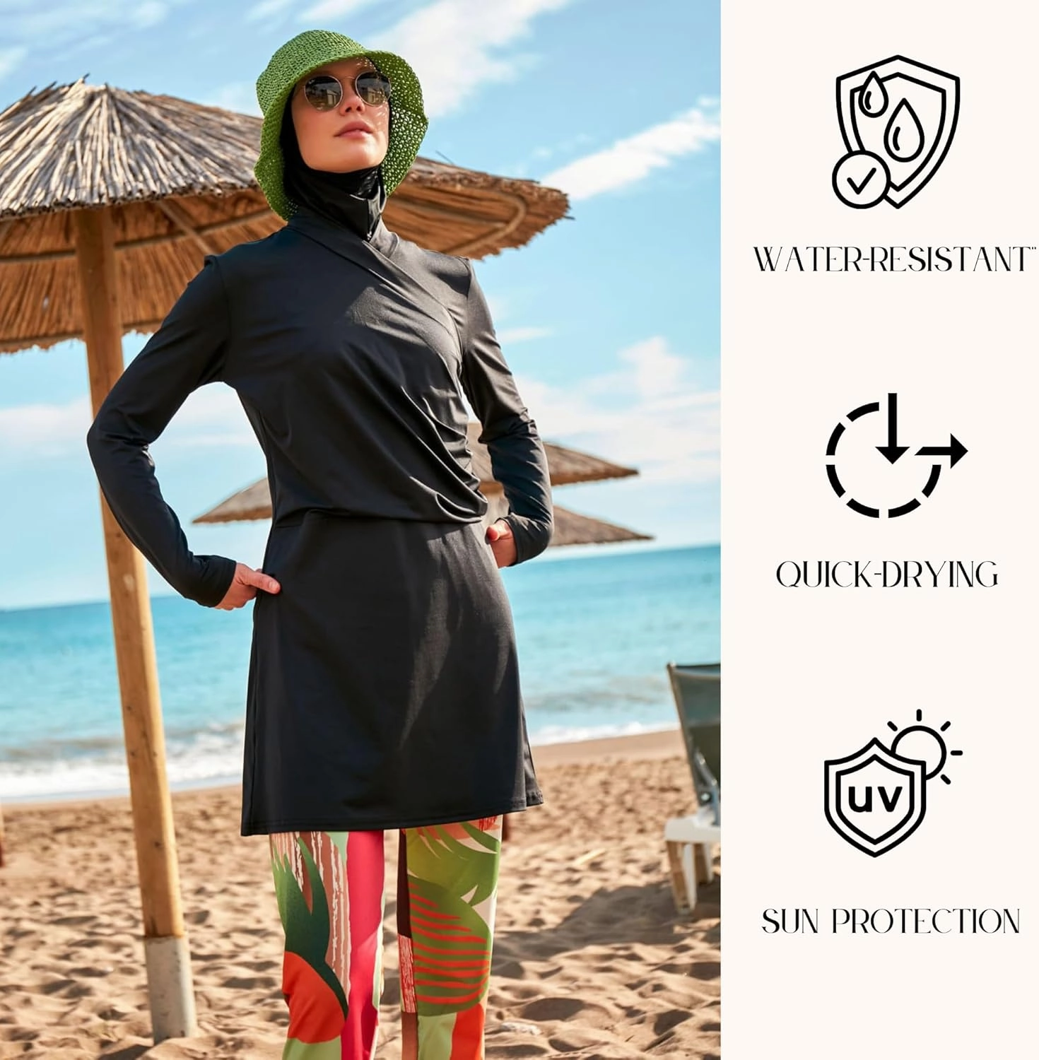 Islamic Full-Length Patterned Modest Swimsuit for Women | 4 PCS Muslim Burkini Set | Full Coverage Long Sleeve Rash Guard