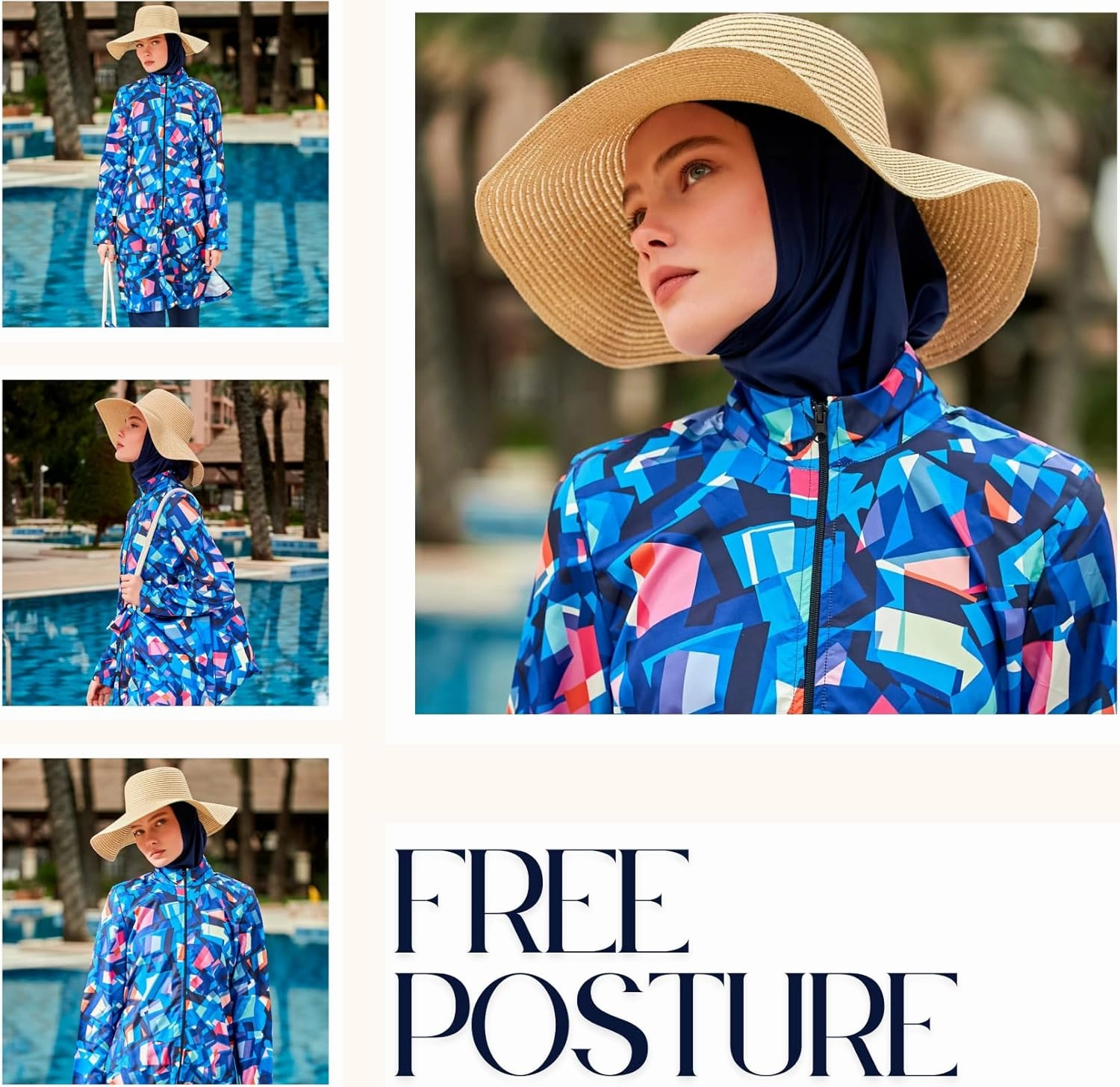 Islamic Full-Length Patterned Modest Swimsuit for Women | 4 PCS Muslim Burkini Set | Full Coverage Long Sleeve Rash Guard