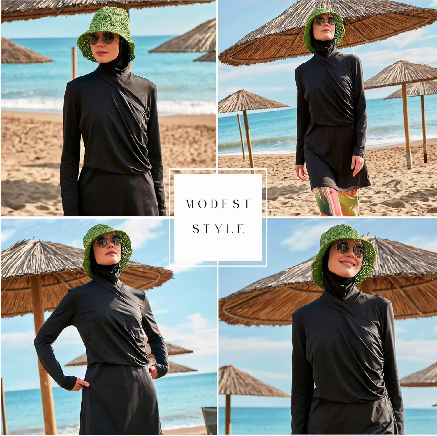 Islamic Full-Length Patterned Modest Swimsuit for Women | 4 PCS Muslim Burkini Set | Full Coverage Long Sleeve Rash Guard