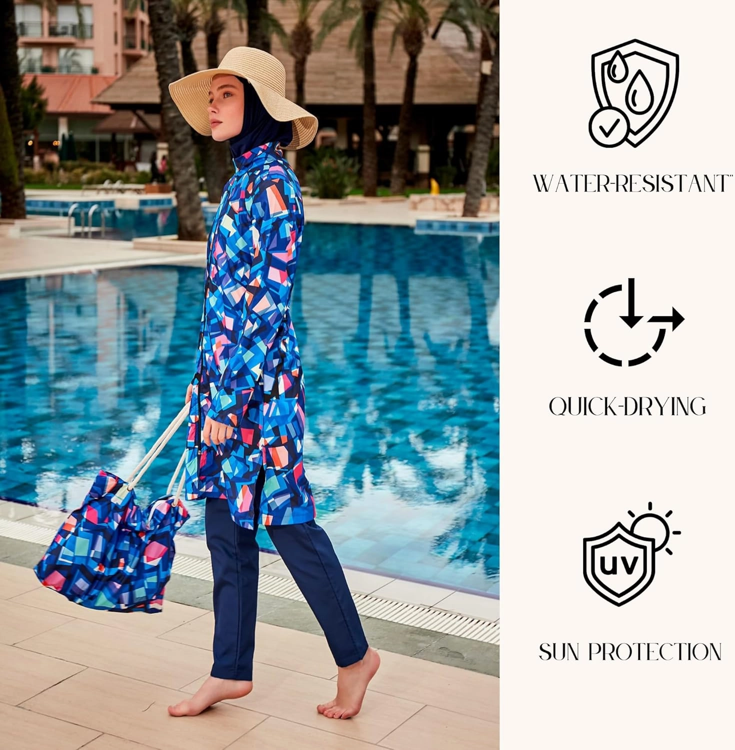 Islamic Full-Length Patterned Modest Swimsuit for Women | 4 PCS Muslim Burkini Set | Full Coverage Long Sleeve Rash Guard