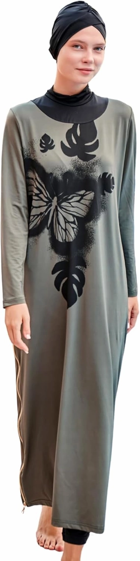 Islamic Full-Length Patterned Modest Swimsuit for Women | 4 PCS Muslim Burkini Set | Full Coverage Long Sleeve Rash Guard