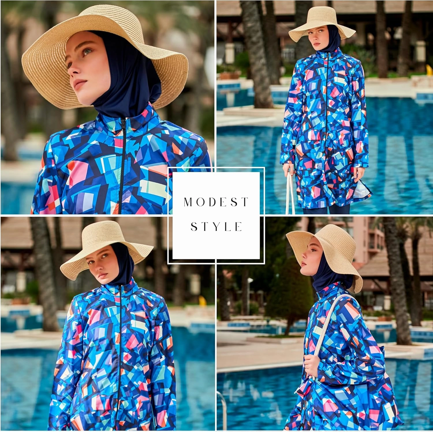 Islamic Full-Length Patterned Modest Swimsuit for Women | 4 PCS Muslim Burkini Set | Full Coverage Long Sleeve Rash Guard