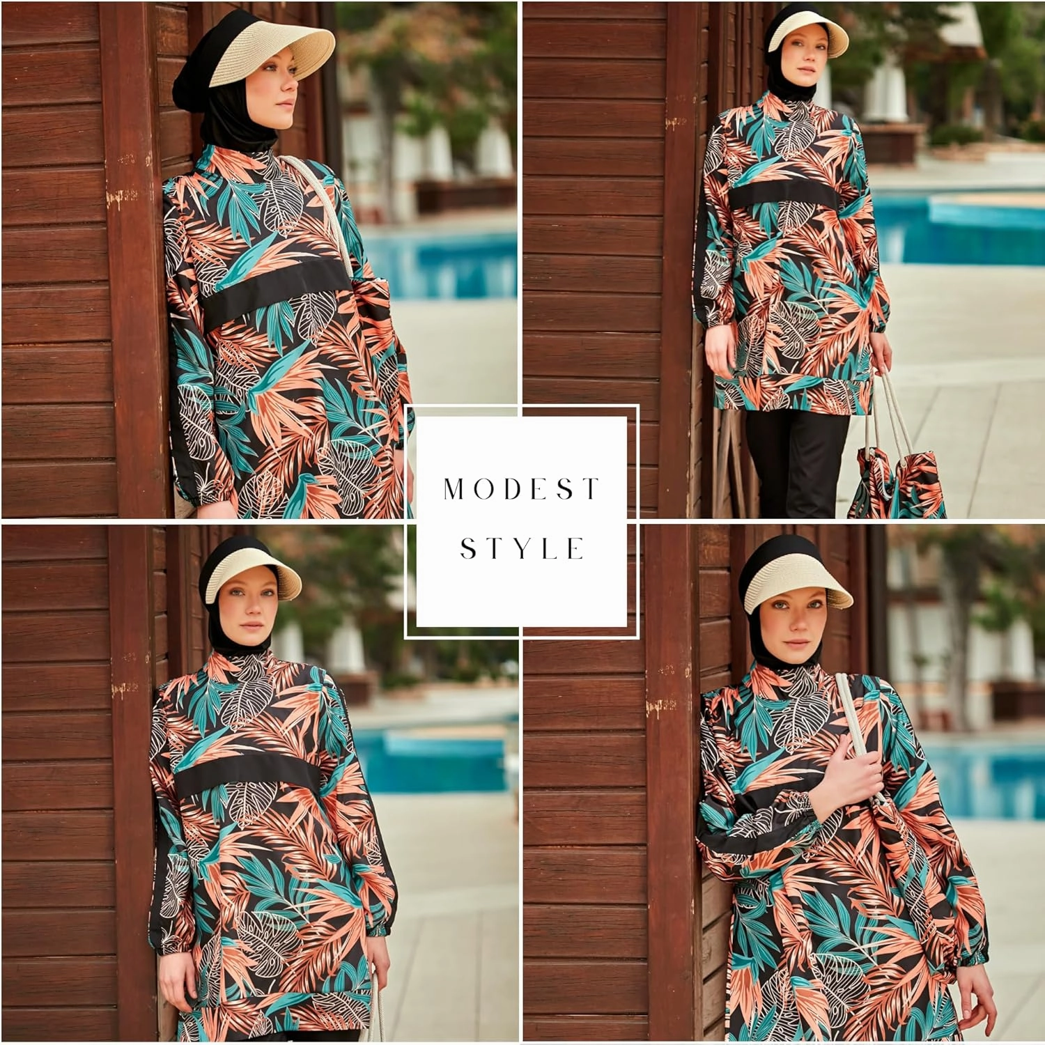 Islamic Full-Length Patterned Modest Swimsuit for Women | 4 PCS Muslim Burkini Set | Full Coverage Long Sleeve Rash Guard