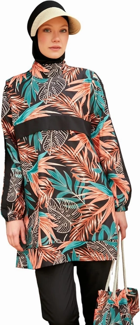 Islamic Full-Length Patterned Modest Swimsuit for Women | 4 PCS Muslim Burkini Set | Full Coverage Long Sleeve Rash Guard