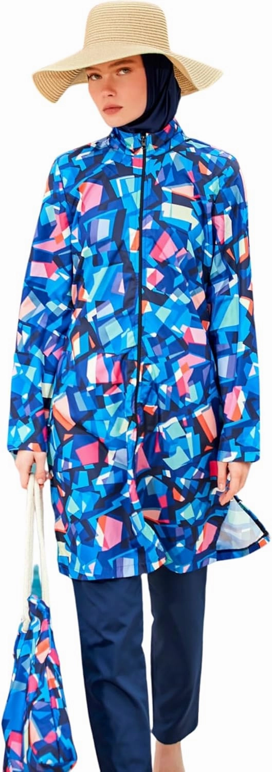 Islamic Full-Length Patterned Modest Swimsuit for Women | 4 PCS Muslim Burkini Set | Full Coverage Long Sleeve Rash Guard