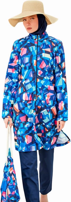Islamic Full-Length Patterned Modest Swimsuit for Women | 4 PCS Muslim Burkini Set | Full Coverage Long Sleeve Rash Guard