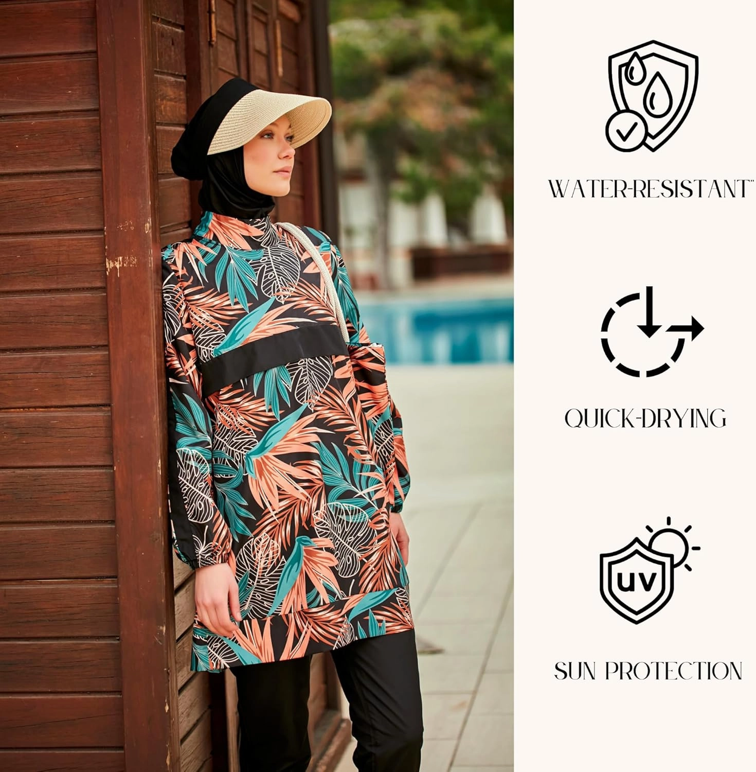 Islamic Full-Length Patterned Modest Swimsuit for Women | 4 PCS Muslim Burkini Set | Full Coverage Long Sleeve Rash Guard