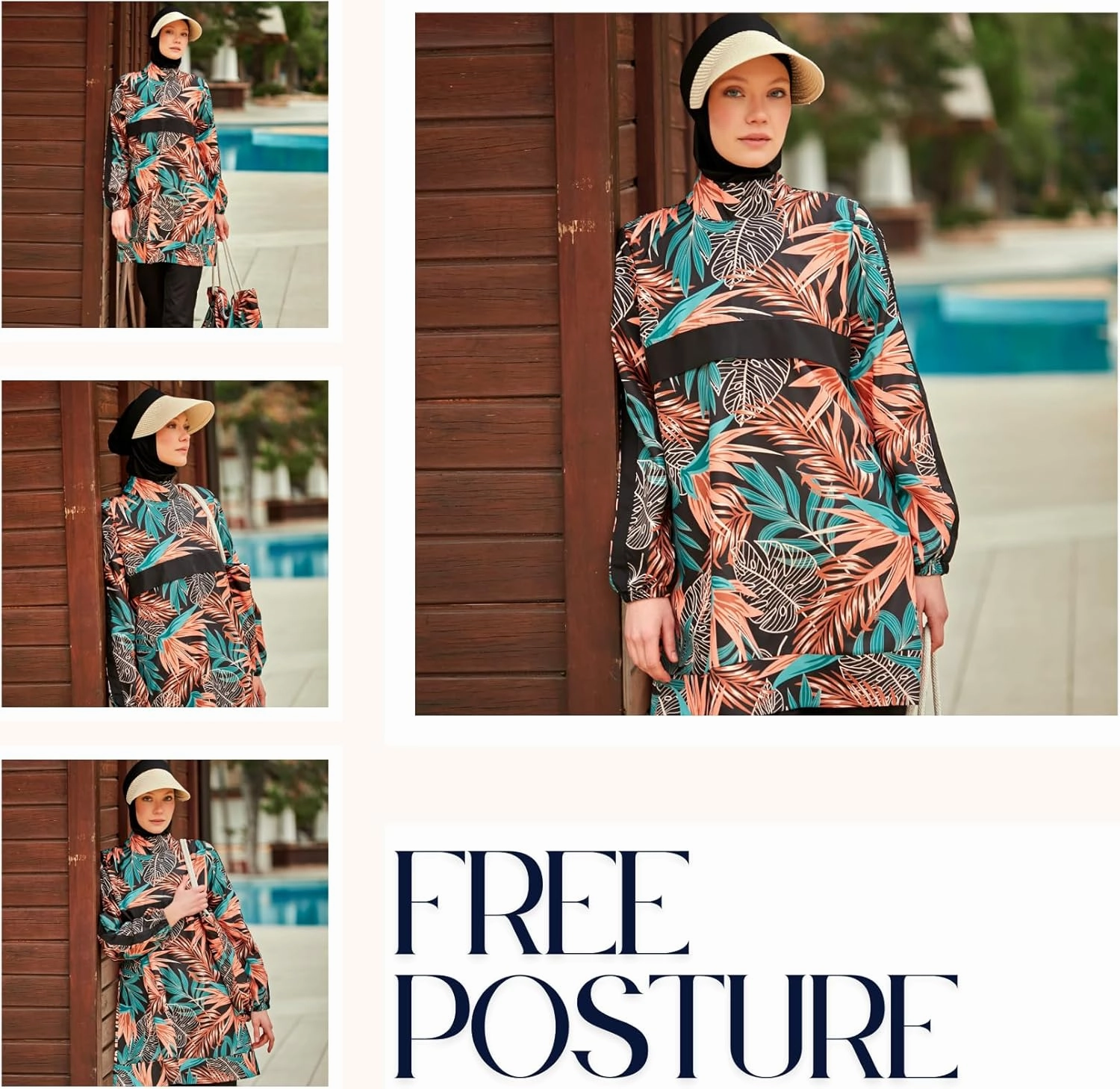 Islamic Full-Length Patterned Modest Swimsuit for Women | 4 PCS Muslim Burkini Set | Full Coverage Long Sleeve Rash Guard