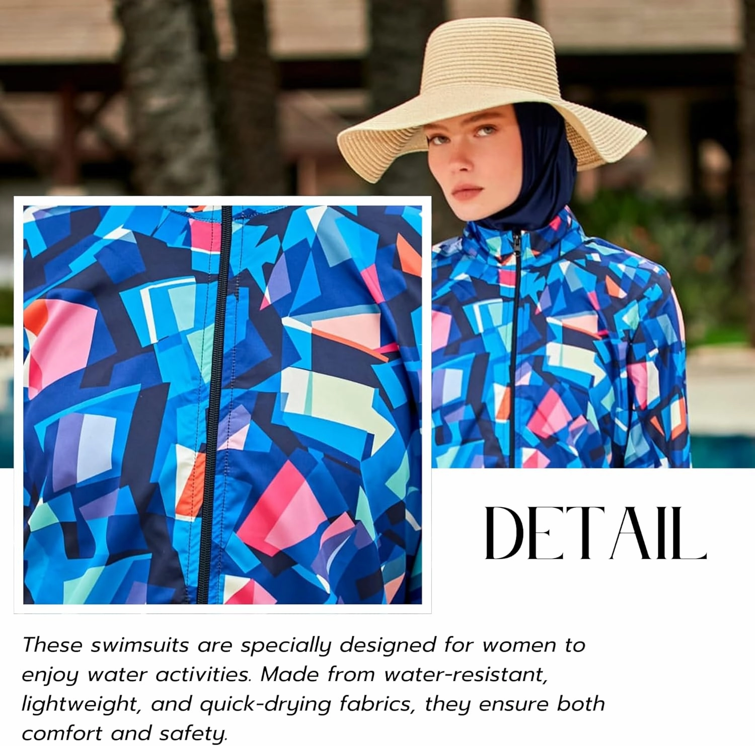 Islamic Full-Length Patterned Modest Swimsuit for Women | 4 PCS Muslim Burkini Set | Full Coverage Long Sleeve Rash Guard
