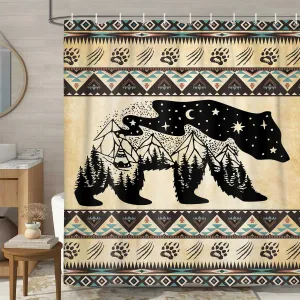 JAWO Rustic Cabin Shower Curtains for Bathroom, Hunting Camping Fabric Bathroom Shower Curtain, Rustic Bear Moose Forest Vintage Western Decor Shower Curtain with 12PCS Hooks, 70X70IN(Yellow)
