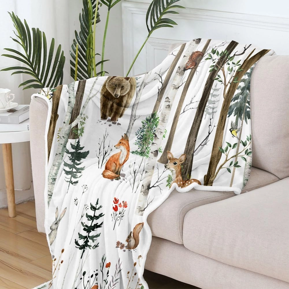 JAWO Rustic Cabin Throw Blanket, Country Wild Animal Bear Deer Throw Blanket for Couch Bed Sofa Nature Forest Throw Blankets for Couch Bed Camping Blanket Travel Living Room Bedroom 50X60inch