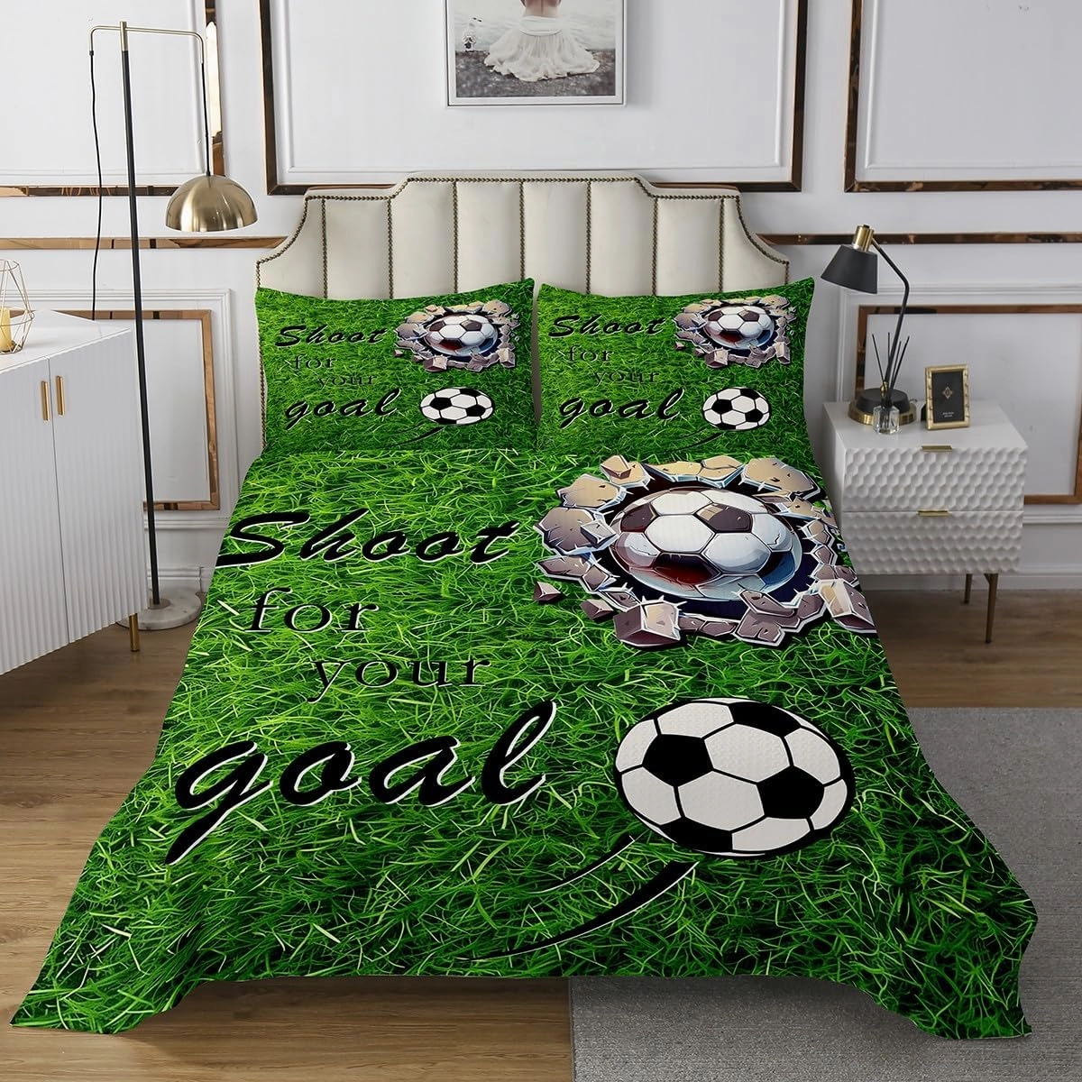 jejeloiu Football Bedspread Queen Size Kids Soccer Ball Game Coverlet Set for Boys Girls Teens Adults, American Football Player Quilted Coverlet Breathable Soft Lightweight Grassland Room Decor 3Pcs