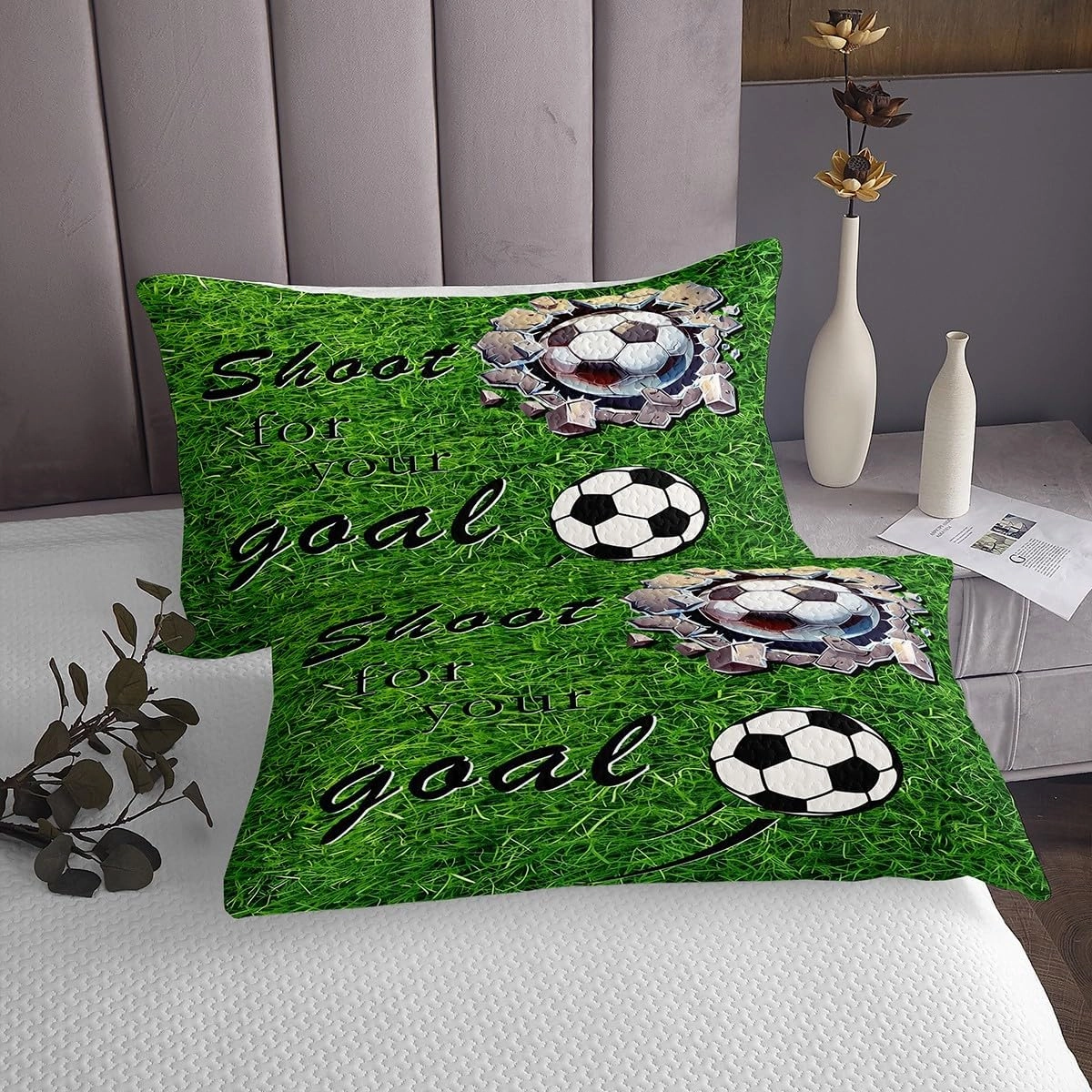 jejeloiu Football Bedspread Queen Size Kids Soccer Ball Game Coverlet Set for Boys Girls Teens Adults, American Football Player Quilted Coverlet Breathable Soft Lightweight Grassland Room Decor 3Pcs