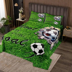 jejeloiu Football Bedspread Queen Size Kids Soccer Ball Game Coverlet Set for Boys Girls Teens Adults, American Football Player Quilted Coverlet Breathable Soft Lightweight Grassland Room Decor 3Pcs