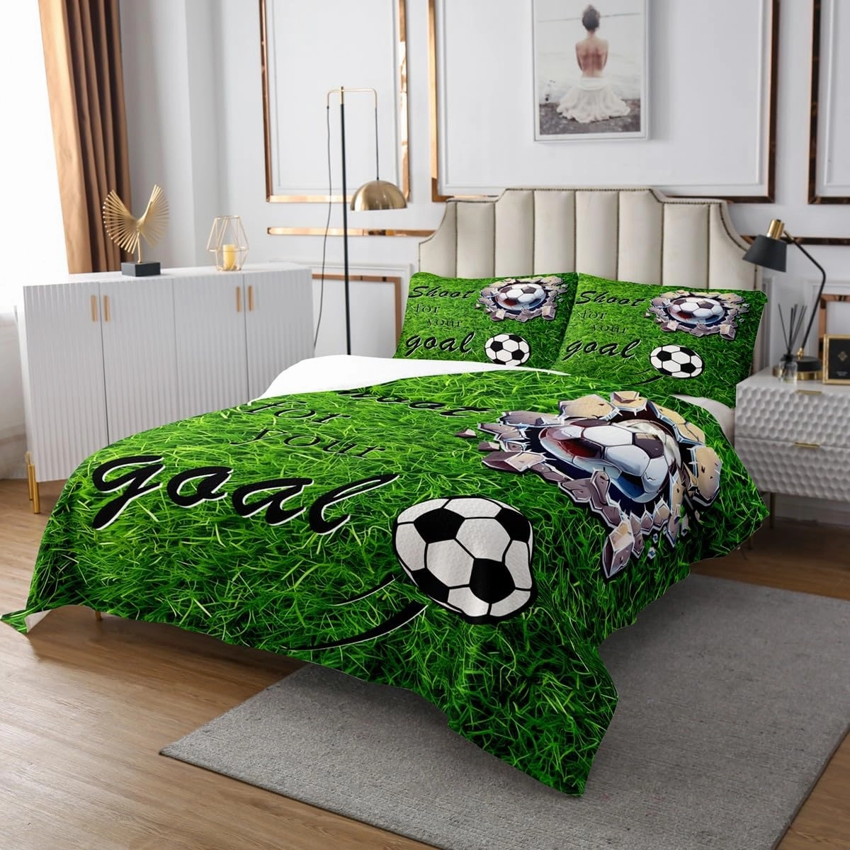 jejeloiu Football Bedspread Queen Size Kids Soccer Ball Game Coverlet Set for Boys Girls Teens Adults, American Football Player Quilted Coverlet Breathable Soft Lightweight Grassland Room Decor 3Pcs