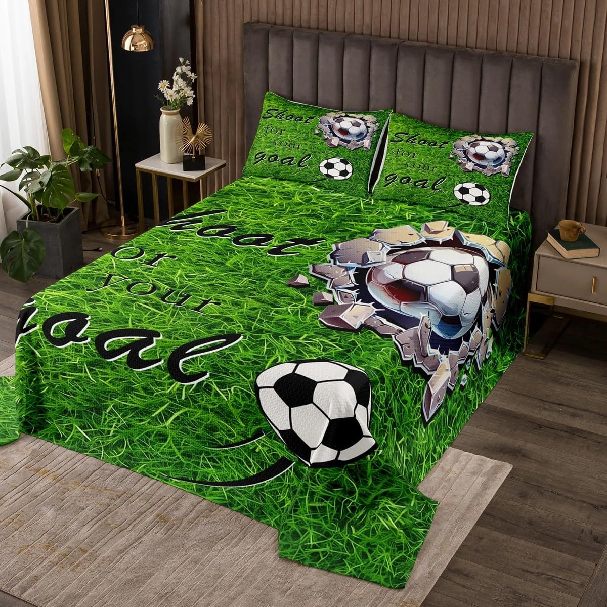 jejeloiu Football Bedspread Queen Size Kids Soccer Ball Game Coverlet Set for Boys Girls Teens Adults, American Football Player Quilted Coverlet Breathable Soft Lightweight Grassland Room Decor 3Pcs