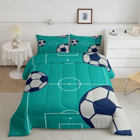 jejeloiu Football Comforter Set Full Size Kids Football Court Comforter for Boys Girls Teens Sports Theme Bedding Set Breathable Soccer Ball Pattern Teal Duvet Set Room Decor Quilt Set
