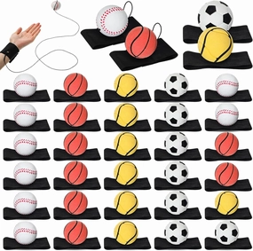Jerify 30 Pcs Wrist Return Ball on a String Baseball Football Soccer Tennis Party Favor Sports Return Wrist Practice Wristband Ball on Elastic Cord for Adults (Assorted Styles)