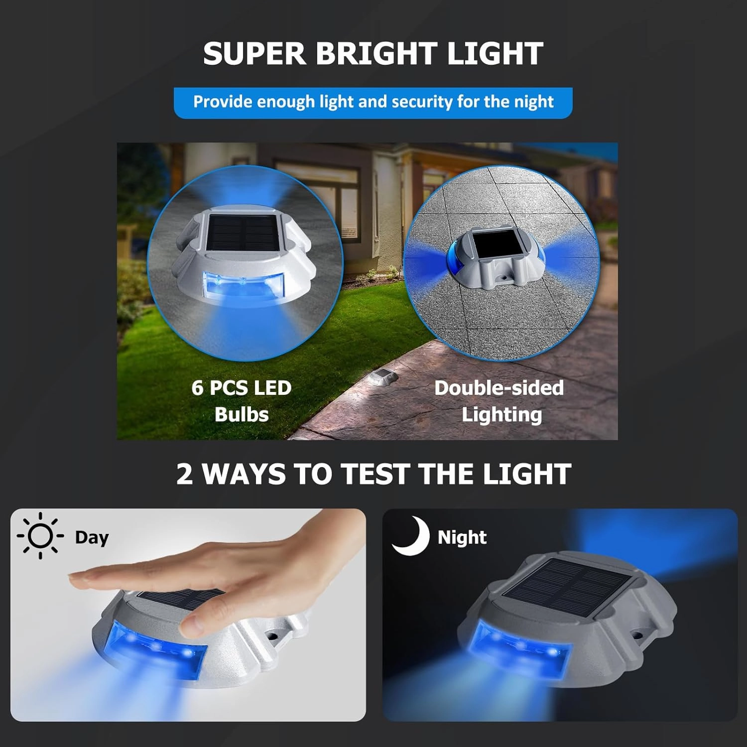 JIGUOOR Solar Deck Lights LED Driveway Lights Solar Powered Dock Light Outdoor IP68 Waterproof Road Markers for Step Sidewalk Stair Boat Garden Ground Pathway Yard (Blue, 6 Pack)
