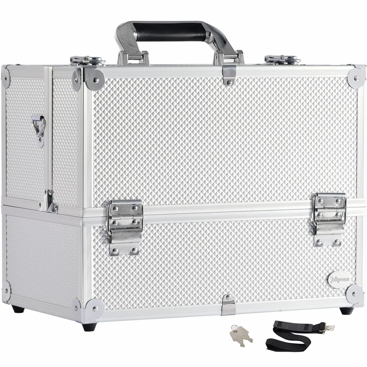 Joligrace Extra Large Makeup Train Case 6 Tray Make Up Artists Organizer Box Lockable Cosmetic Jewelry Toiletries Carrier Crafters Tool Cases with Adjustable Dividers & Shoulder Strap - Silver