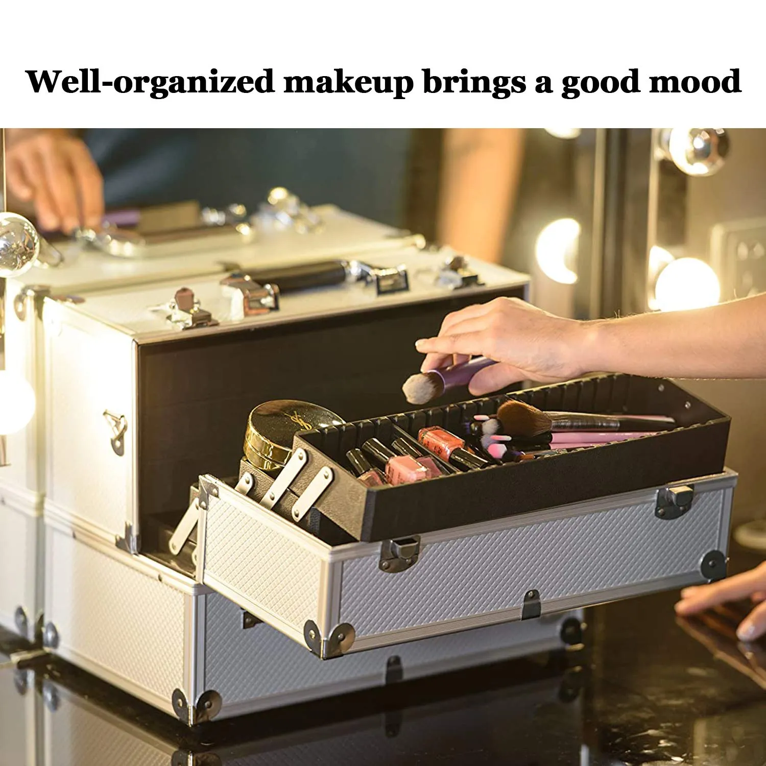 Joligrace Extra Large Makeup Train Case 6 Tray Make Up Artists Organizer Box Lockable Cosmetic Jewelry Toiletries Carrier Crafters Tool Cases with Adjustable Dividers & Shoulder Strap - Silver