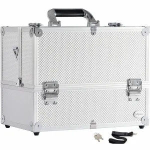 Joligrace Extra Large Makeup Train Case 6 Tray Make Up Artists Organizer Box Lockable Cosmetic Jewelry Toiletries Carrier Crafters Tool Cases with Adjustable Dividers & Shoulder Strap - Silver
